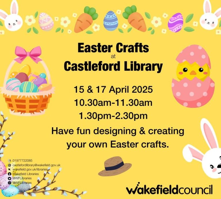Join us at Castleford Library for fun Easter craft sessions!
- 15 and 17 April
- 10:30am-11:30am and 1:30pm-2:30pm on both 